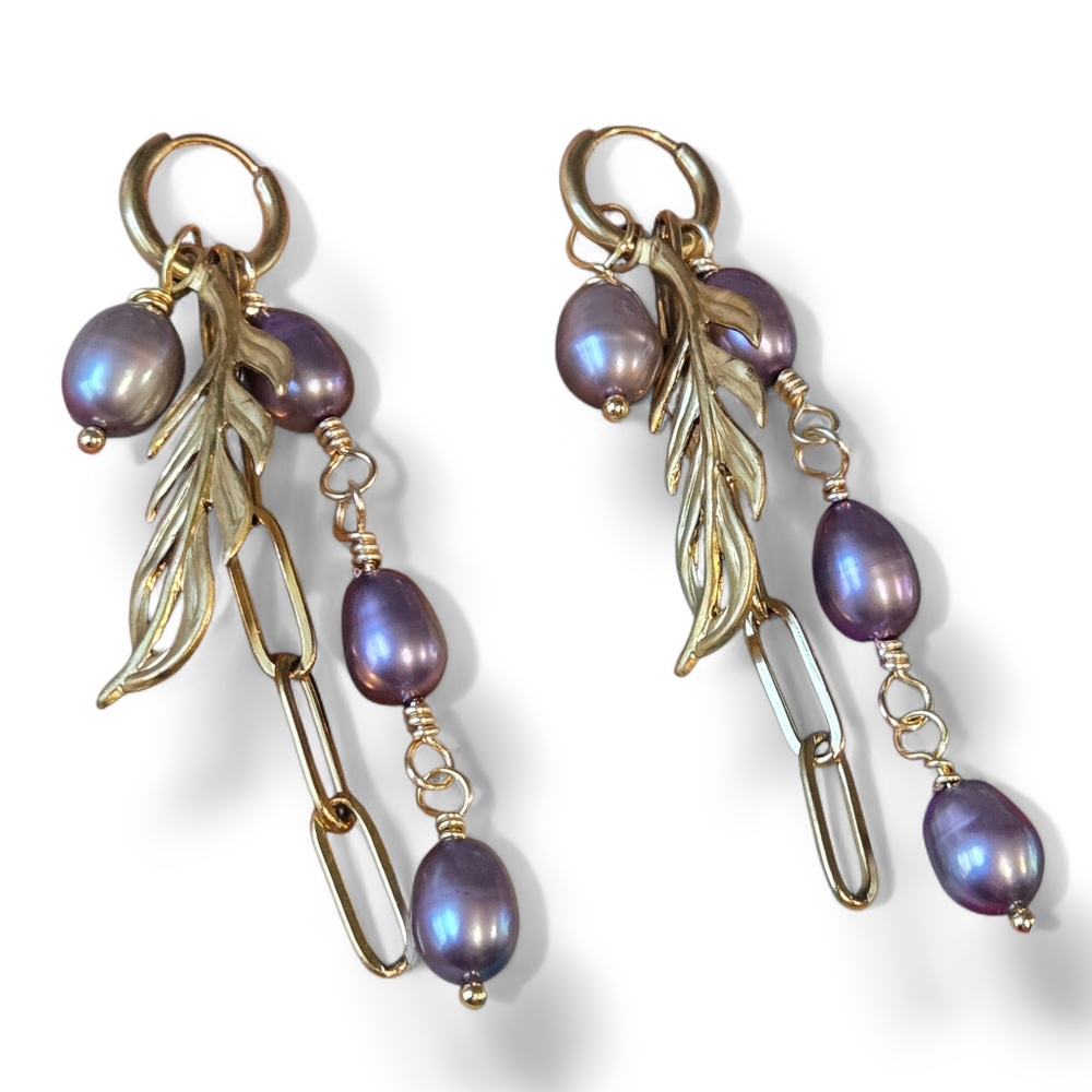 Freshwater Peacock Pearls, Paperclip Chain, Gold Leaf Charm Drop Huggie Earrings